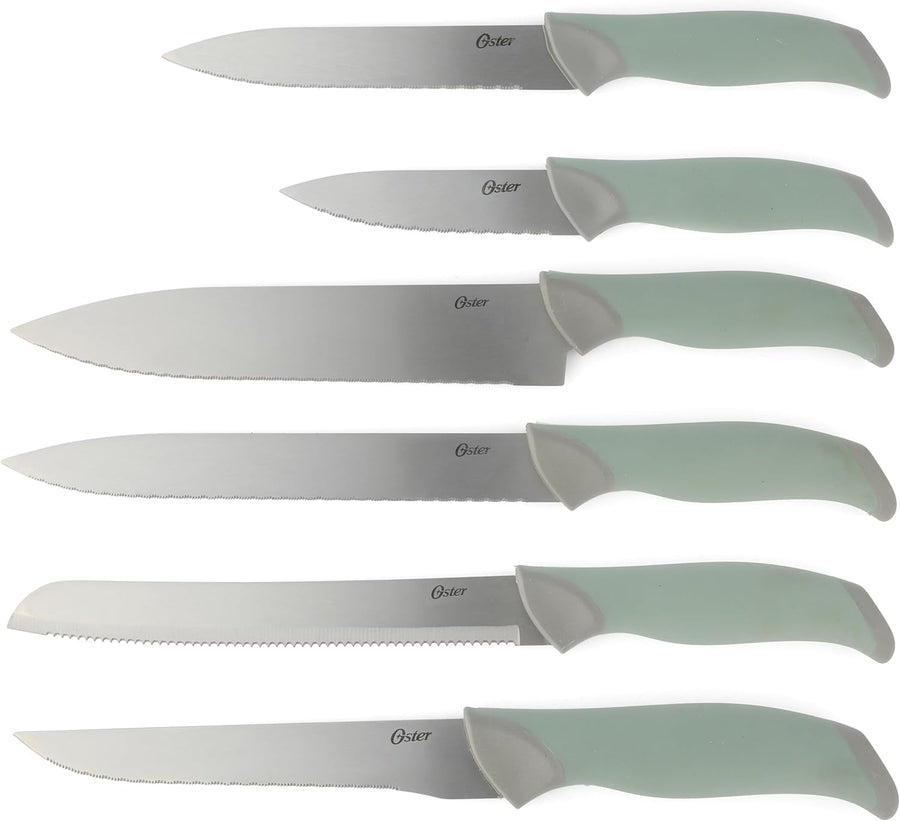 Oster Lindbergh 14-Piece Stainless Steel Knife Block Set – Sage Green Soft-Grip Handles, Black Wood Block, Chef Knife, 6 Steak Knives & Shears