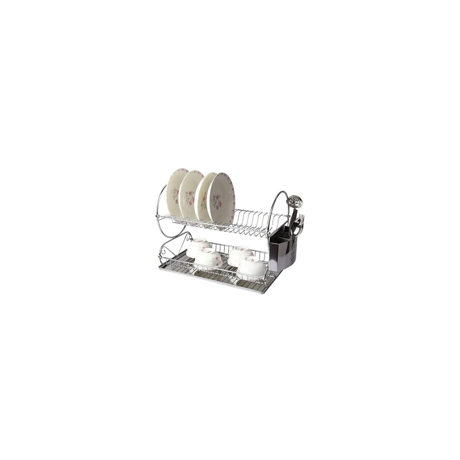 MegaChef chrome plated 17.5 inch two shelf dish rack with utensil holder and draining tray