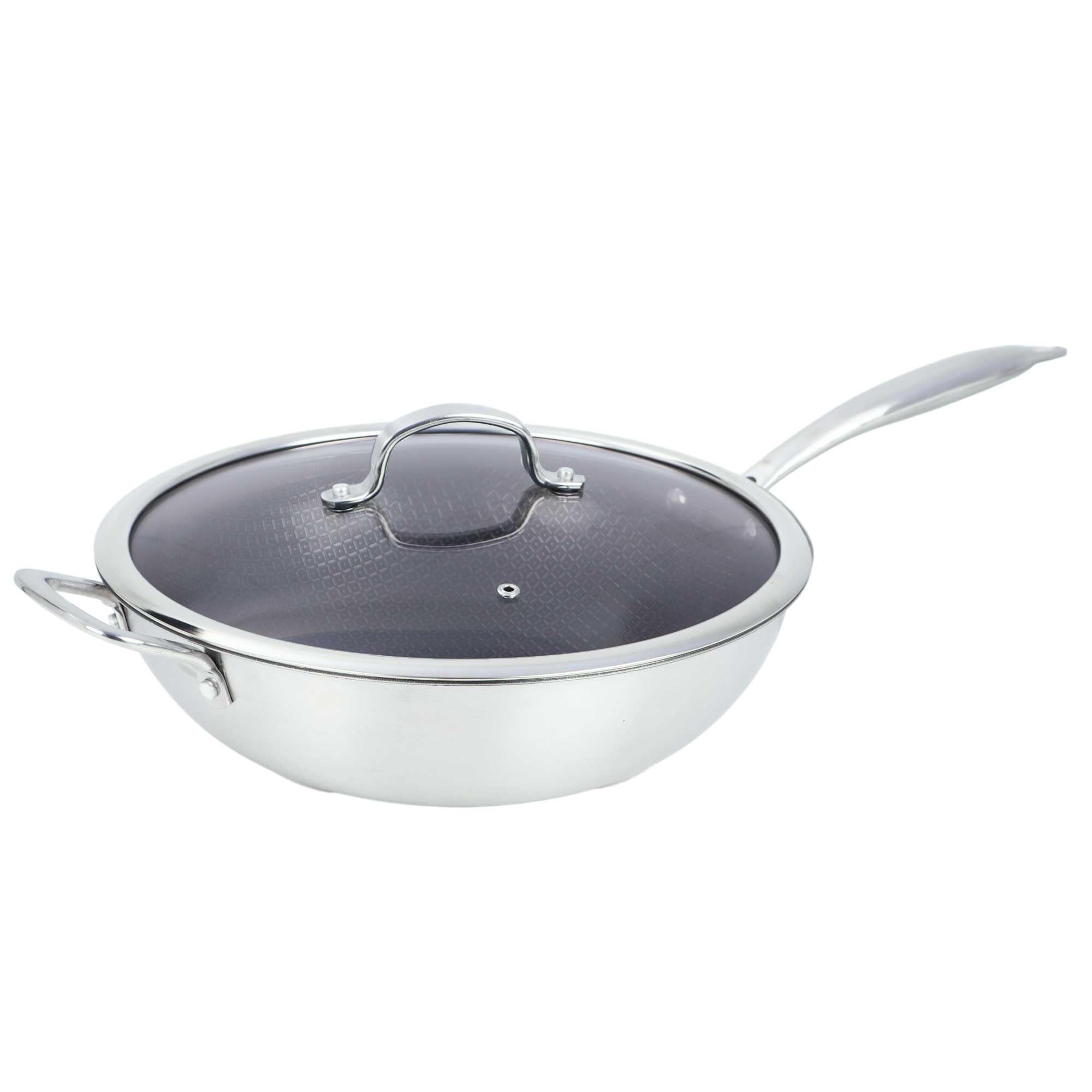 Brentwood B-WH30L 12-inch 3-ply stainless steel nonstick wok with glass lid