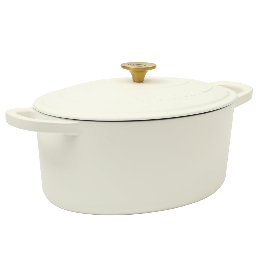 Crock-Pot Artisan 7-Quart Oval Enameled Cast Iron Dutch Oven with Lid, Linen White with Gold Knob