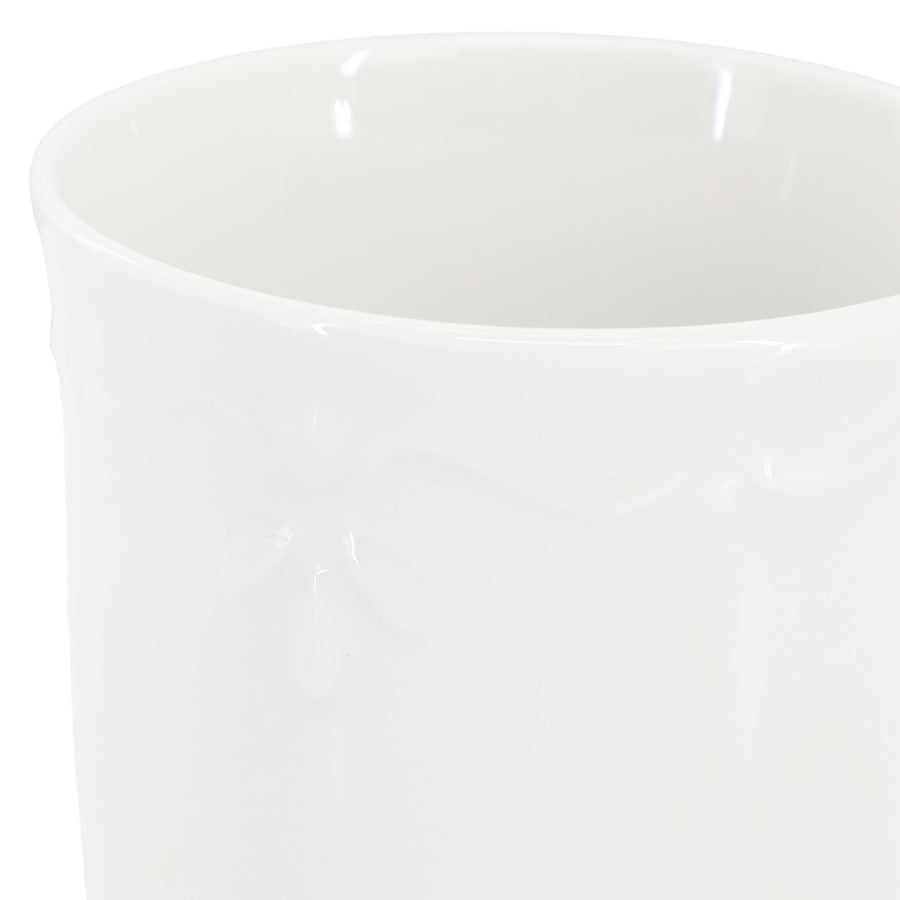 Elama Henryi 6-Piece 12 oz Porcelain Mug Set, White, Embossed Scalloped Rim, Microwave and Dishwasher Safe
