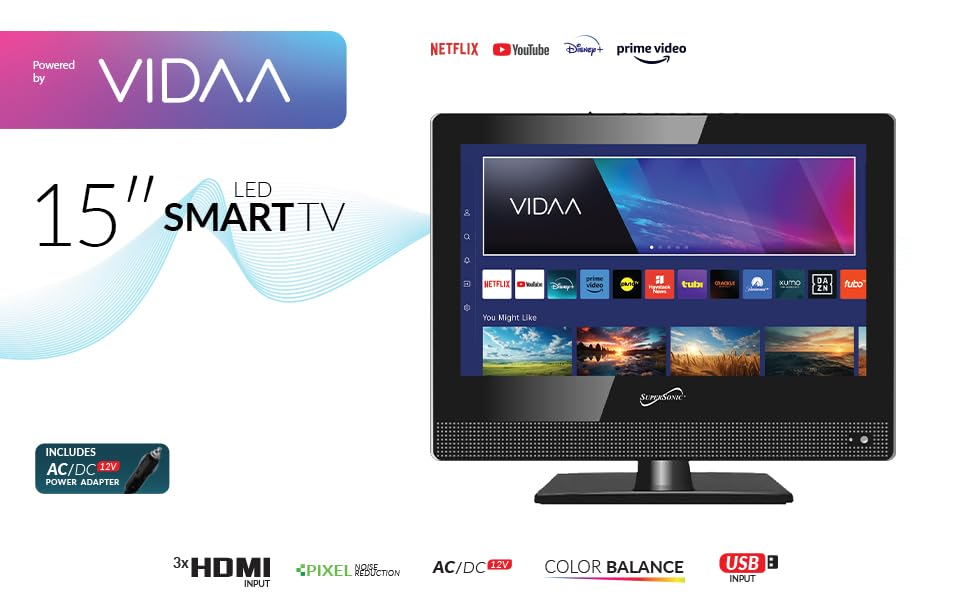 SuperSonic 15.6-Inch 1080p LED Smart TV with 12V Car Adapter, Black