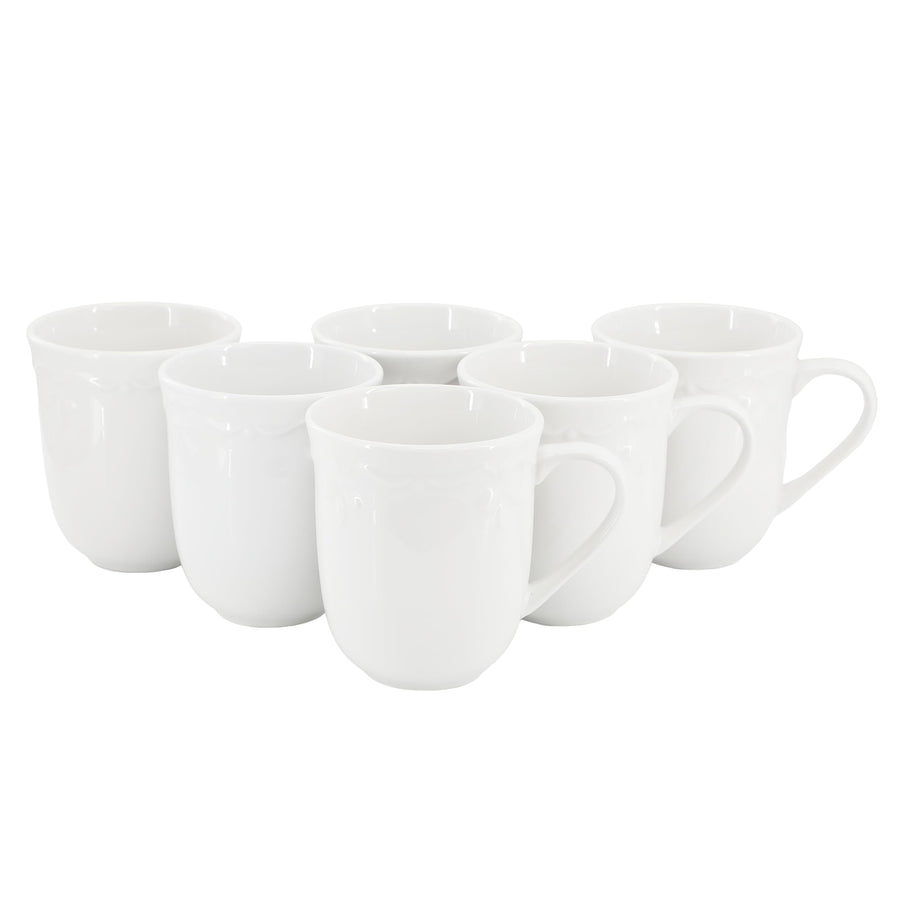 Elama Henryi 6-Piece 12 oz Porcelain Mug Set, White, Embossed Scalloped Rim, Microwave and Dishwasher Safe