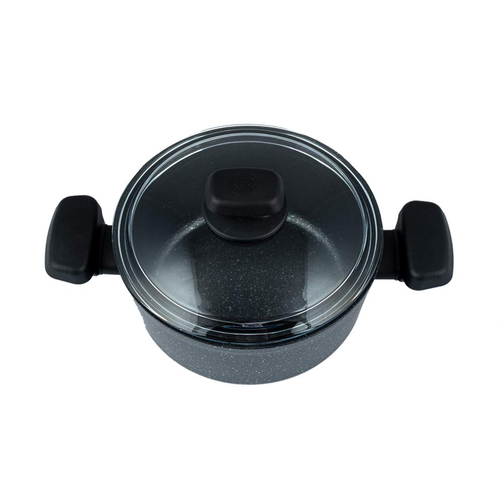 Korkmaz Ornella A1843 9.5-Inch 2.5L Nonstick Low Casserole Braiser with Glass Lid, Granite Black - Induction Ready, 2-Year Warranty