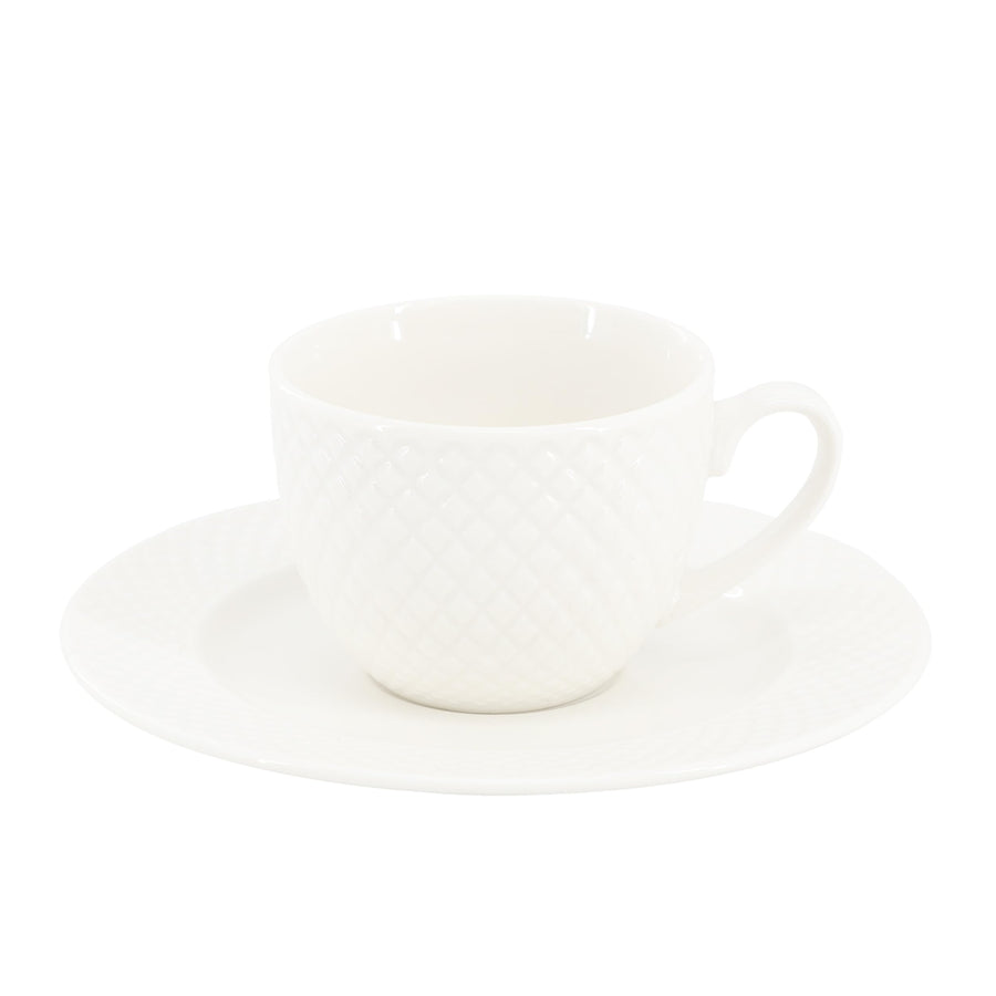 White 3 oz porcelain espresso cup on a saucer with diamond texture