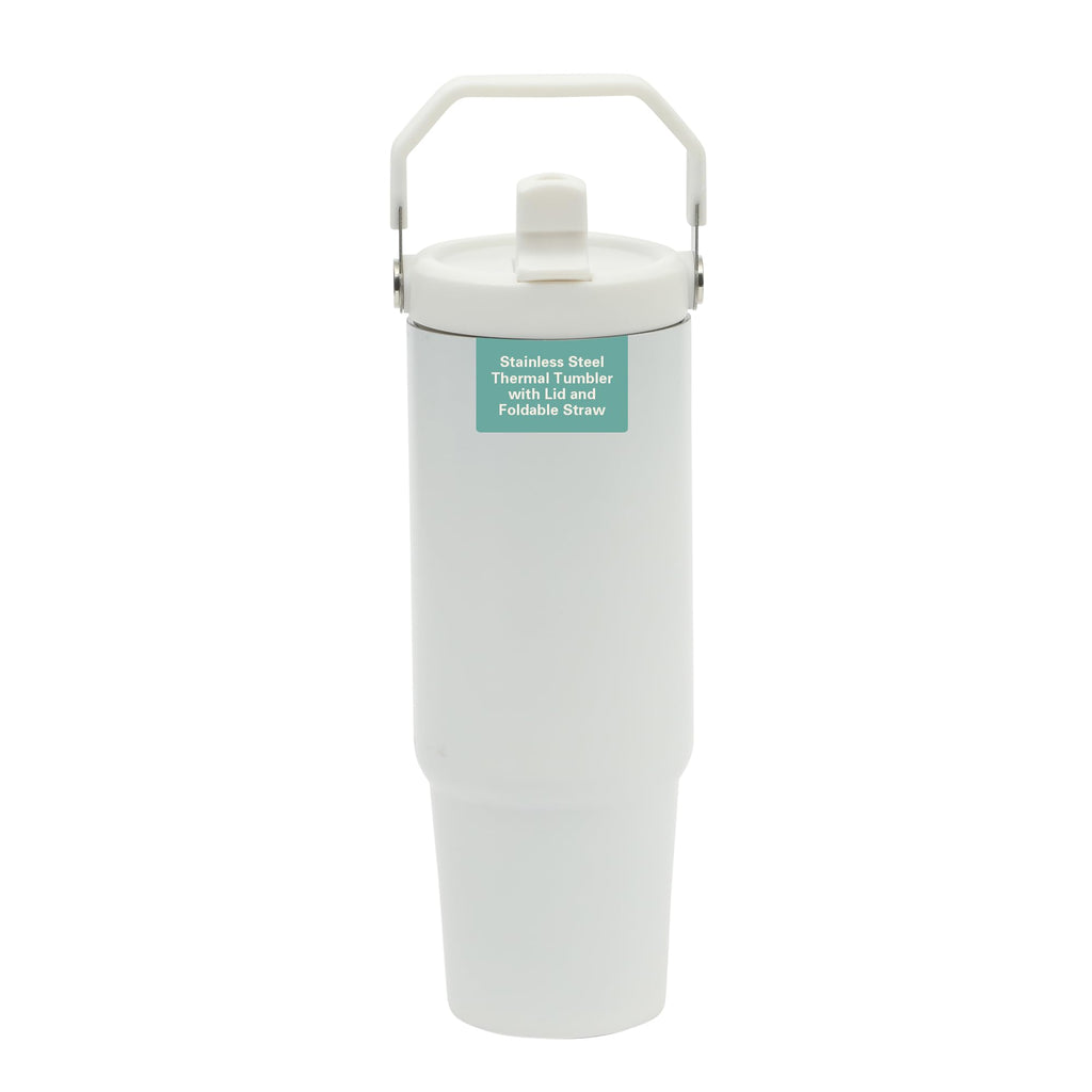 Gibson Home Marina 29 oz Stainless Steel Thermal Tumbler – White with Top Handle & Folding Straw