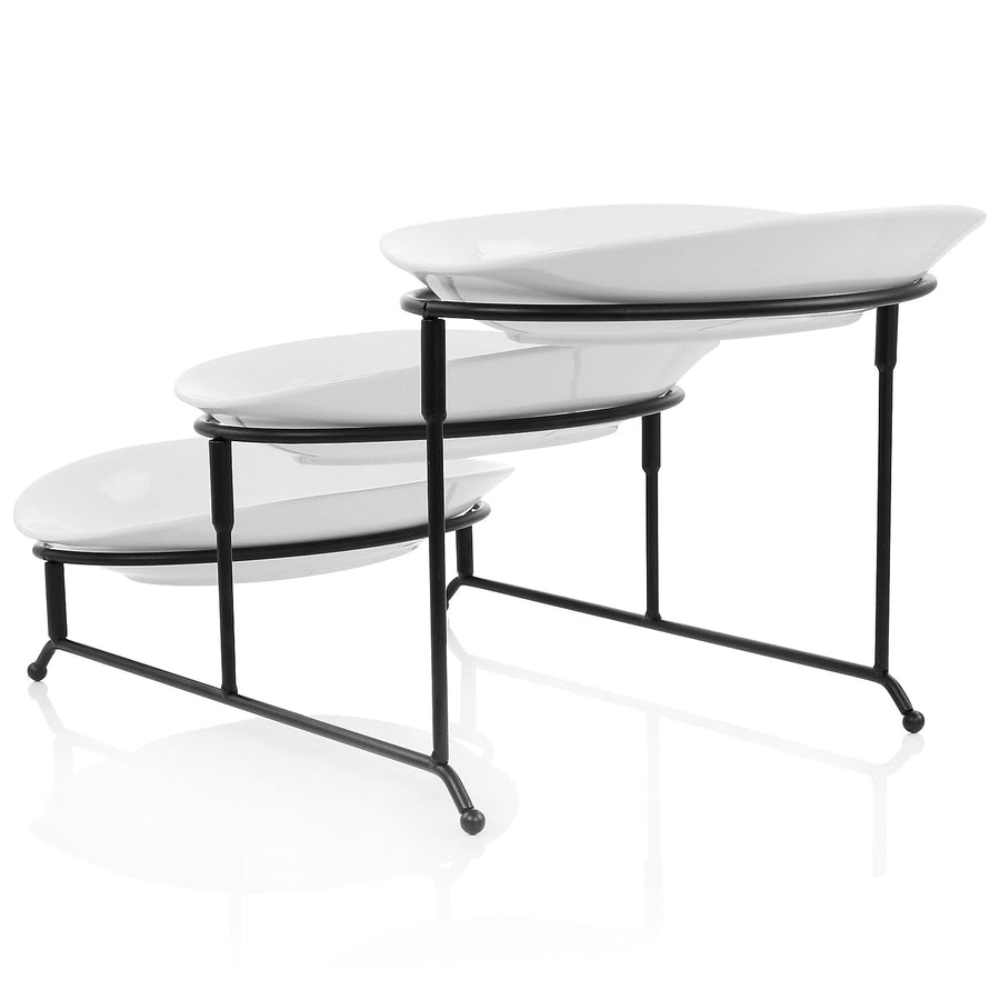 Elama 3-Tier Oval Plate Porcelain Serveware Set with Metal Stand