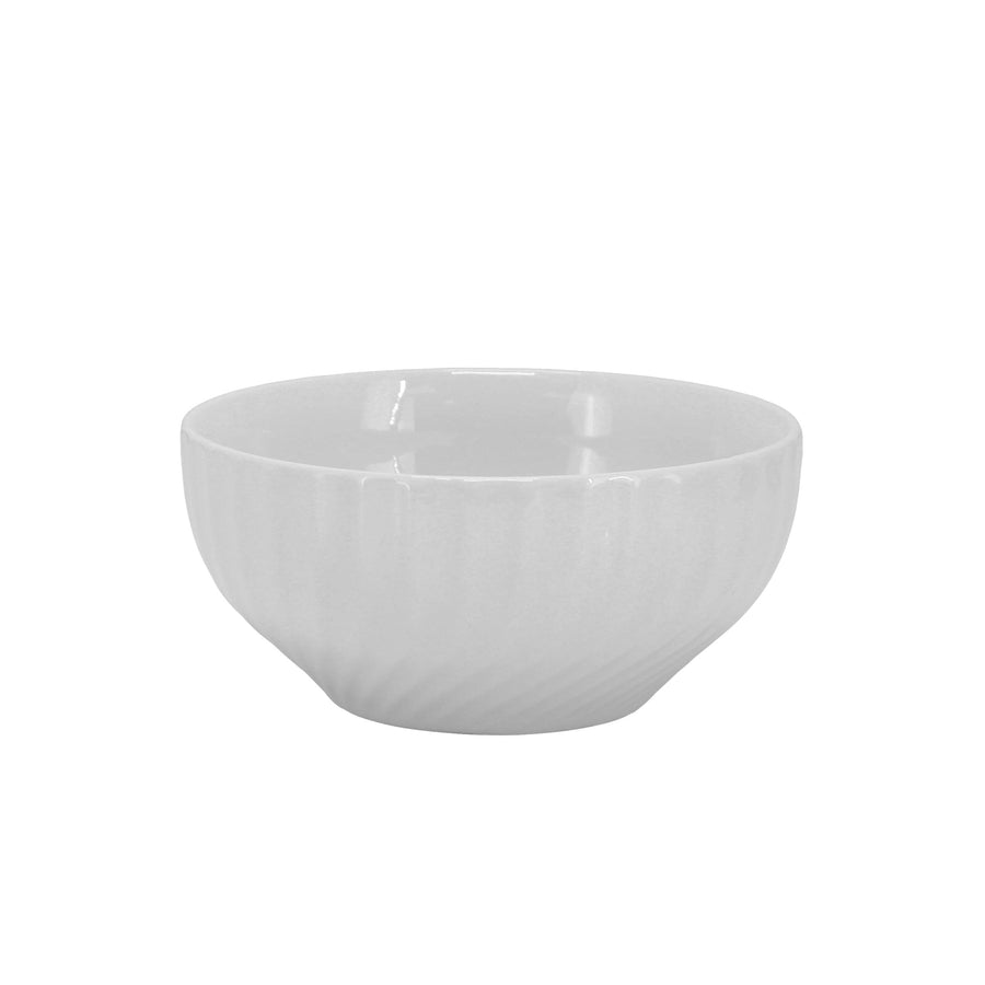 Elama Julia 5.8 inch white porcelain cereal bowl, side view of the subtle embossed swirl exterior