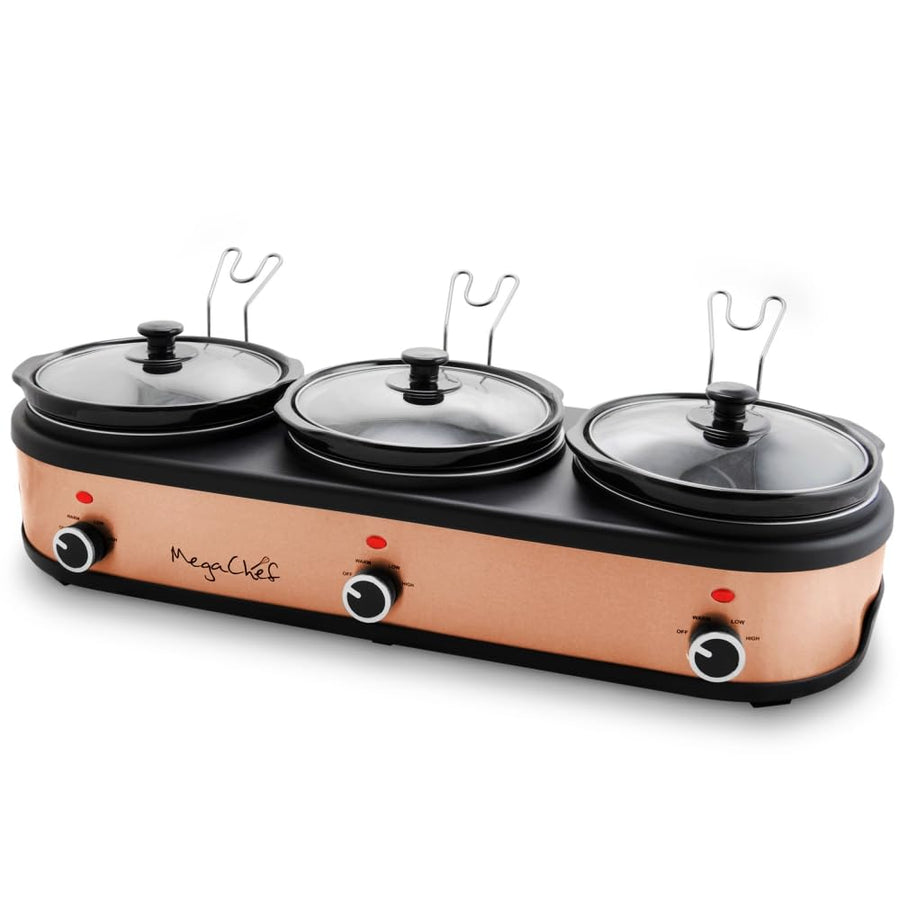 MegaChef Triple 2.5 Quart Slow Cooker and Buffet Server in Brushed Copper and Black