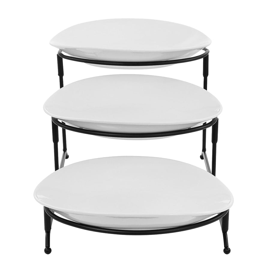 Elama 3-Tier Oval Plate Porcelain Serveware Set with Metal Stand