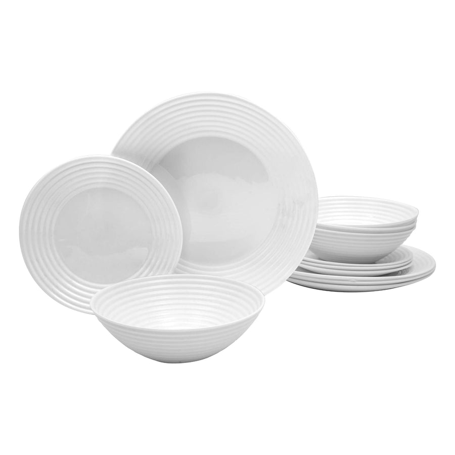 Full Gibson Ultra Patio 12-piece white glass dinnerware set with dinner plates, dessert plates and bowls stacked