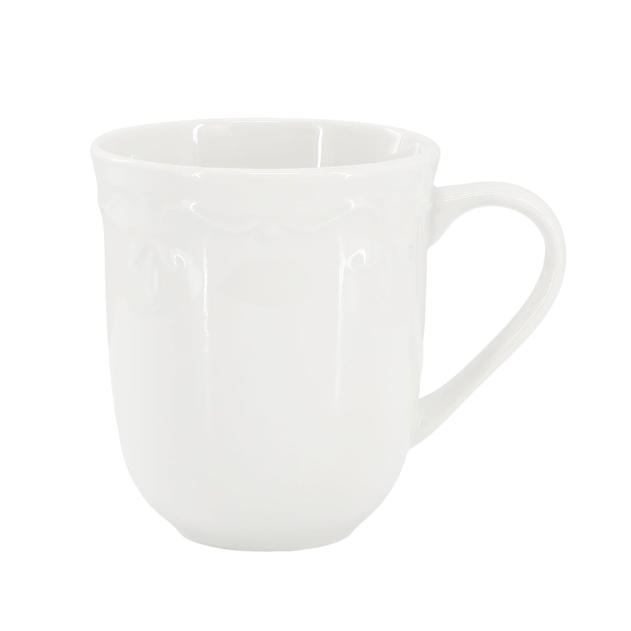Elama Henryi 6-Piece 12 oz Porcelain Mug Set, White, Embossed Scalloped Rim, Microwave and Dishwasher Safe