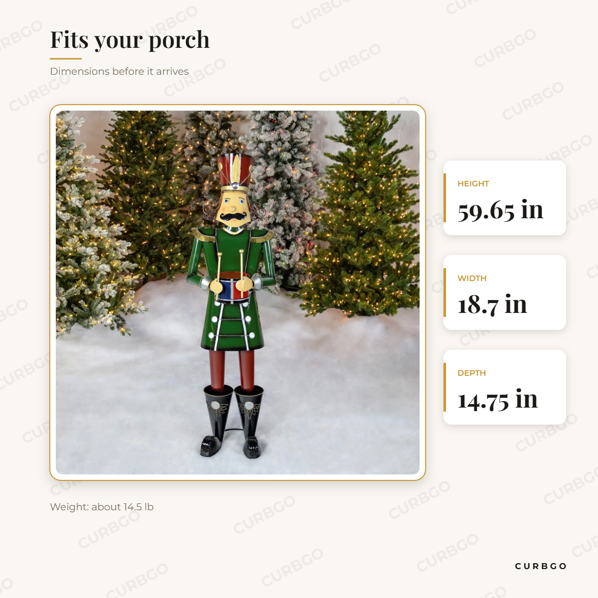 Leo Nutcracker Soldier dimensions: 59.65 in H x 18.7 in W x 14.75 in D
