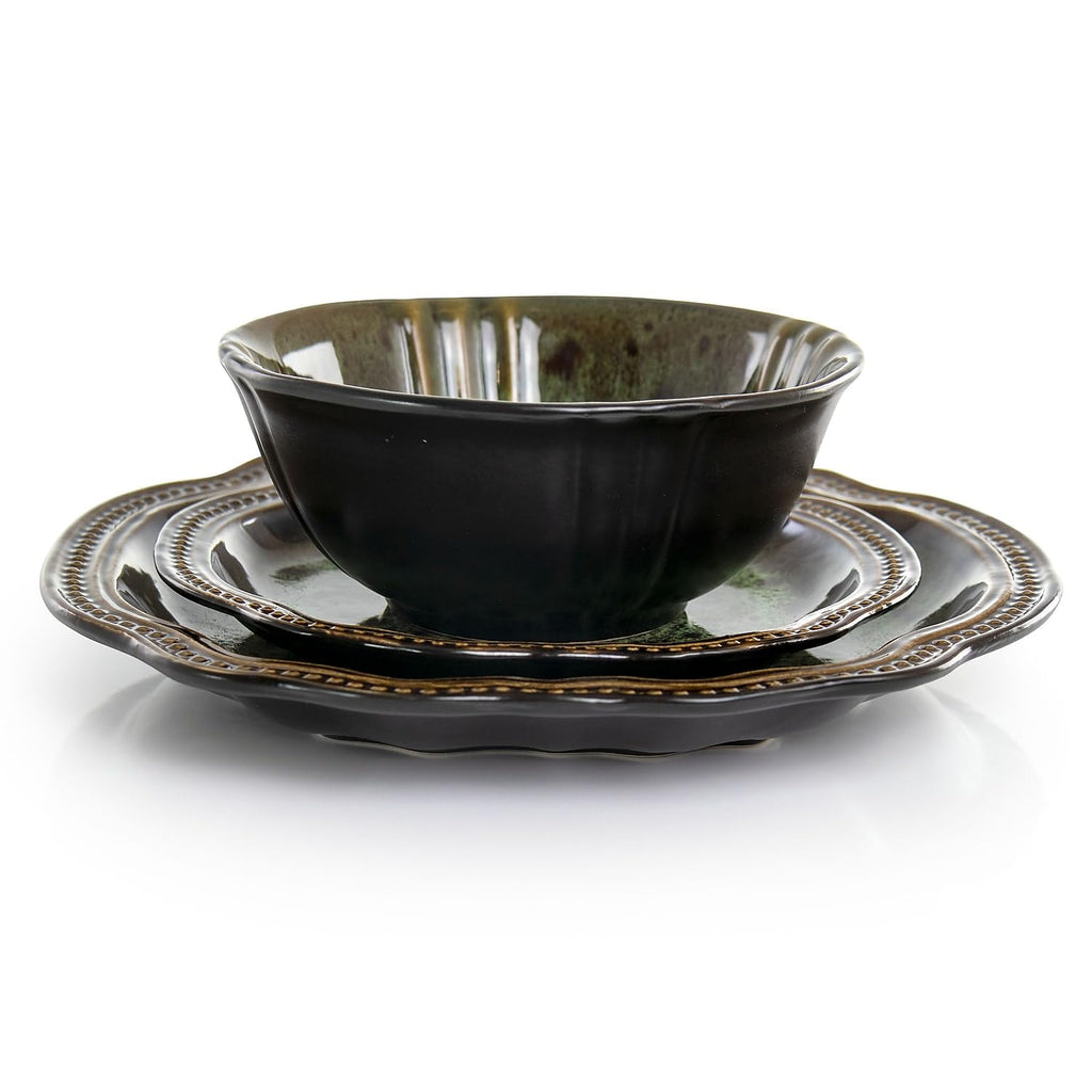 Elama Jade Green 16-Piece Round Stoneware Dinnerware Set – Oval Accents Service for 4