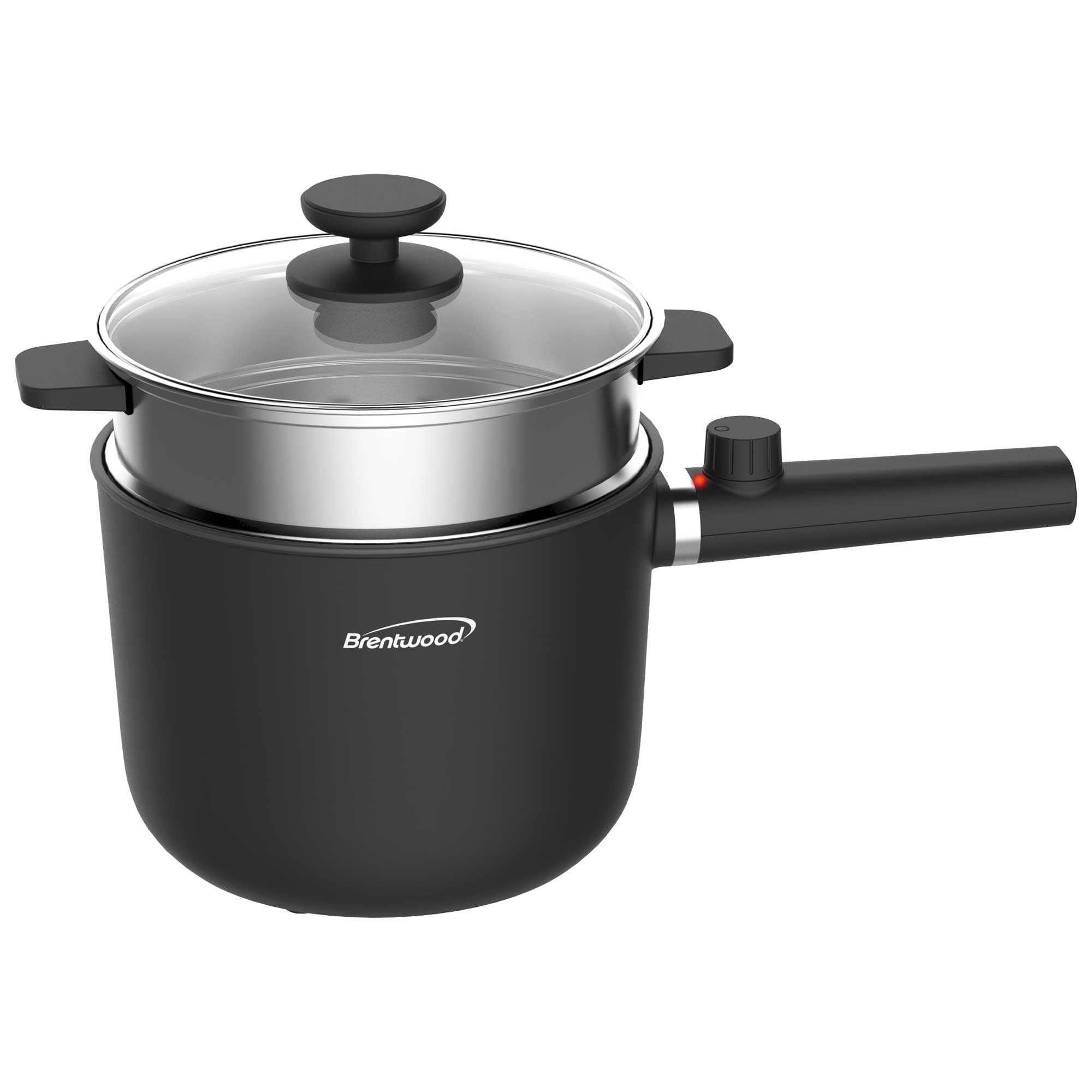 Brentwood HPS-3150BK black 1.5-liter ceramic non-stick electric hot pot cooker with stainless steamer tray