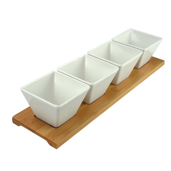 Elama Signature 5-Piece Stoneware Condiment Server Set with Bamboo Tray, White