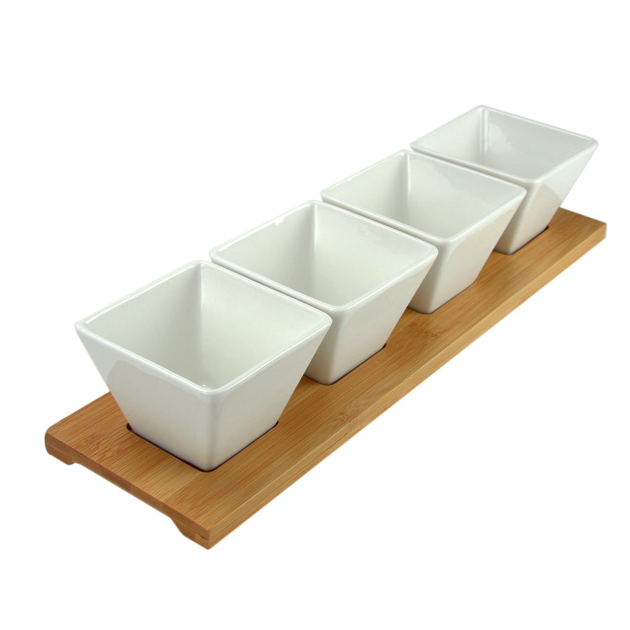 Elama Signature 5-Piece Stoneware Condiment Server Set with Bamboo Tray, White