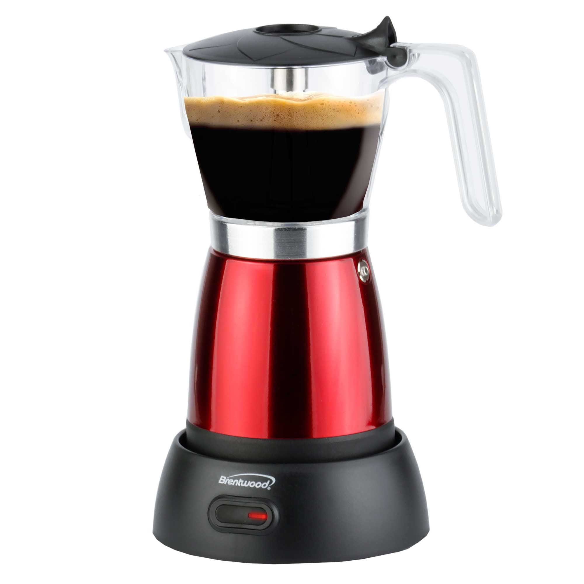 Brentwood TS-119R red aluminum cordless electric moka pot espresso maker with power base