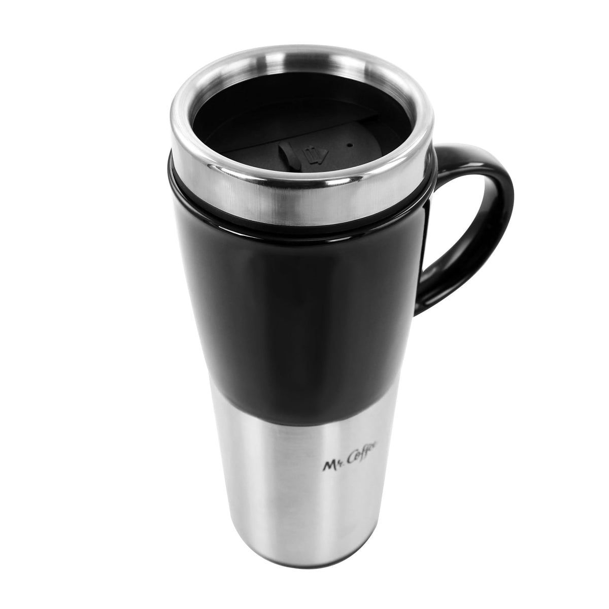 Mr. Coffee Stoneware Travel Mug with Stainless Steel Base and Slide Sip Lid, 16 Oz, Black, Travertine