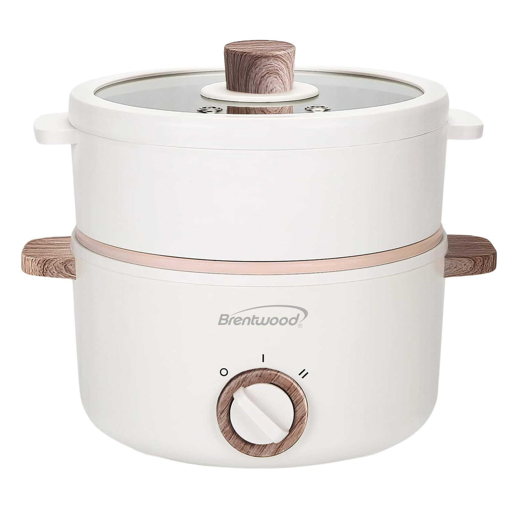 Brentwood white 1.5-liter multi-function electric hot pot cooker with stainless steamer tray and glass lid