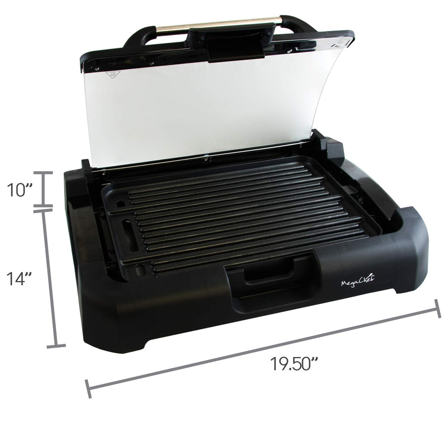MegaChef indoor grill dimensions diagram, 19.5 inch length and 14 inch depth with a 10 inch marker, lid open
