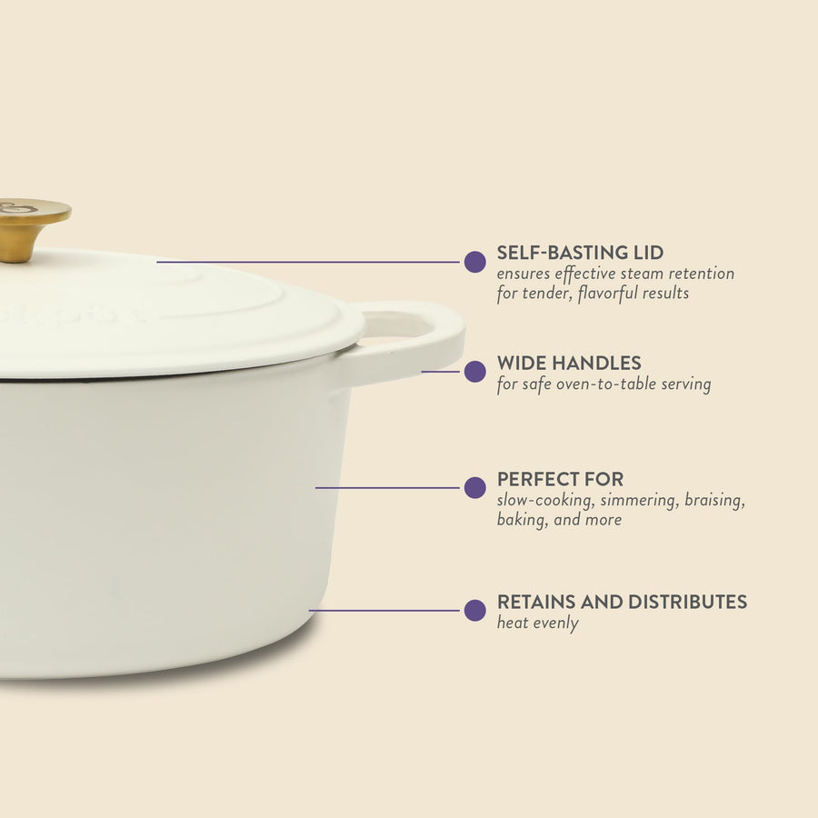 Crock-Pot Artisan 7-Quart Oval Enameled Cast Iron Dutch Oven with Lid, Linen White with Gold Knob