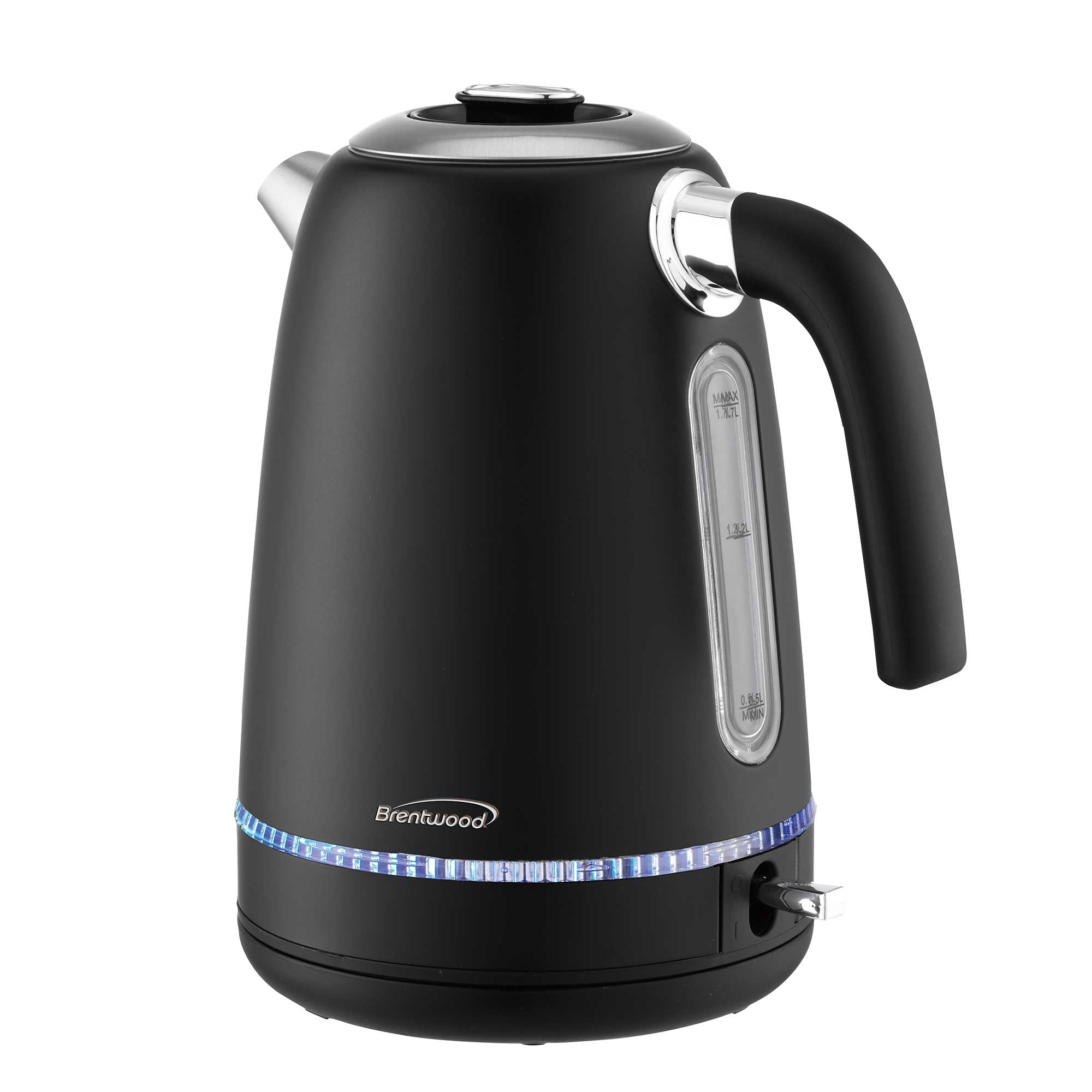 Brentwood KT-1792 silver 1.7-liter stainless steel cordless electric kettle with blue LED