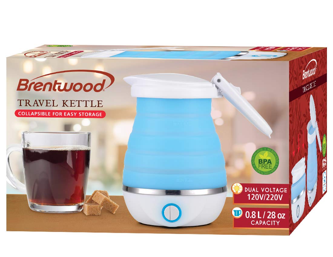 Brentwood KT-1508BL Dual Voltage 120/220V Collapsible Travel Kettle, 0.8 Liter, Blue