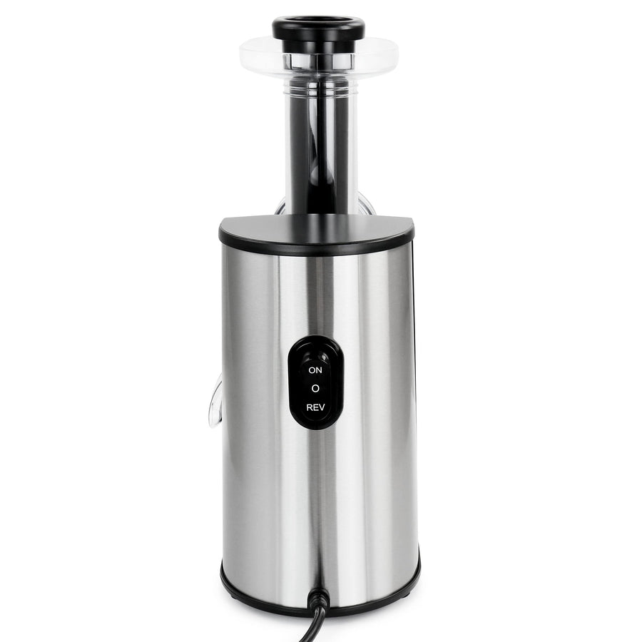Back view of the MegaChef slow juicer stainless steel housing with the ON, off and REV reverse switch