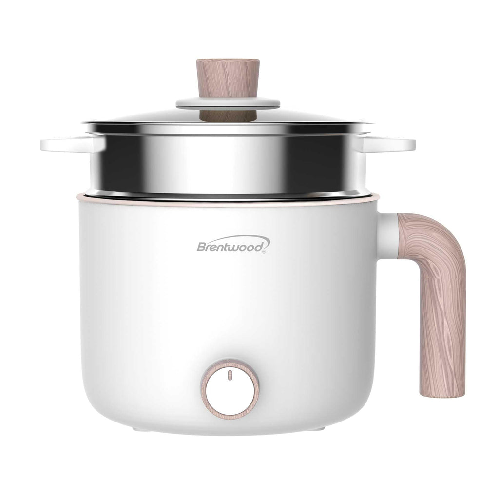 Brentwood HPS-3172W white 1.5-liter ceramic non-stick electric hot pot cooker with stainless steam tray