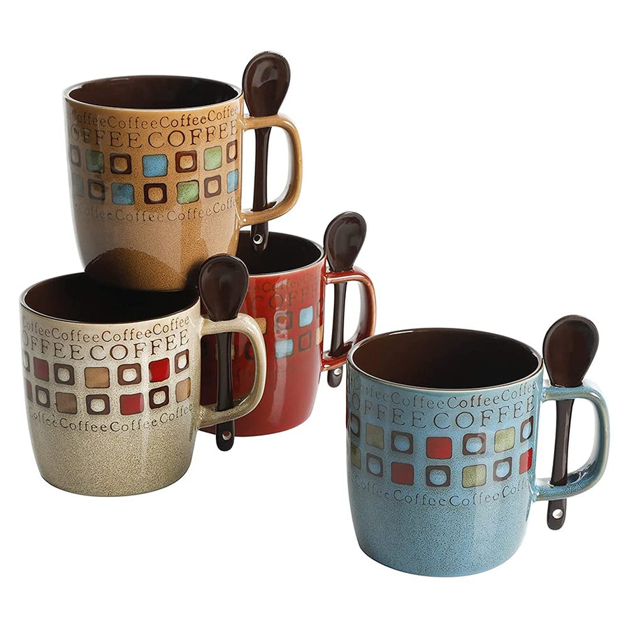 Mr. Coffee Cafe Americano 8-Piece 13 oz Ceramic Mug & Spoon Set, Assorted Colors (Service for 4)
