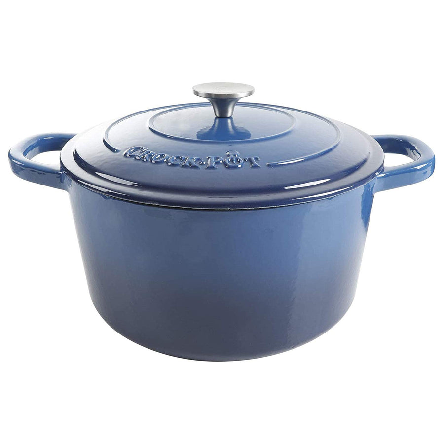 Crock-Pot Artisan 7-quart round enameled cast iron Dutch oven in sapphire blue with self-basting lid