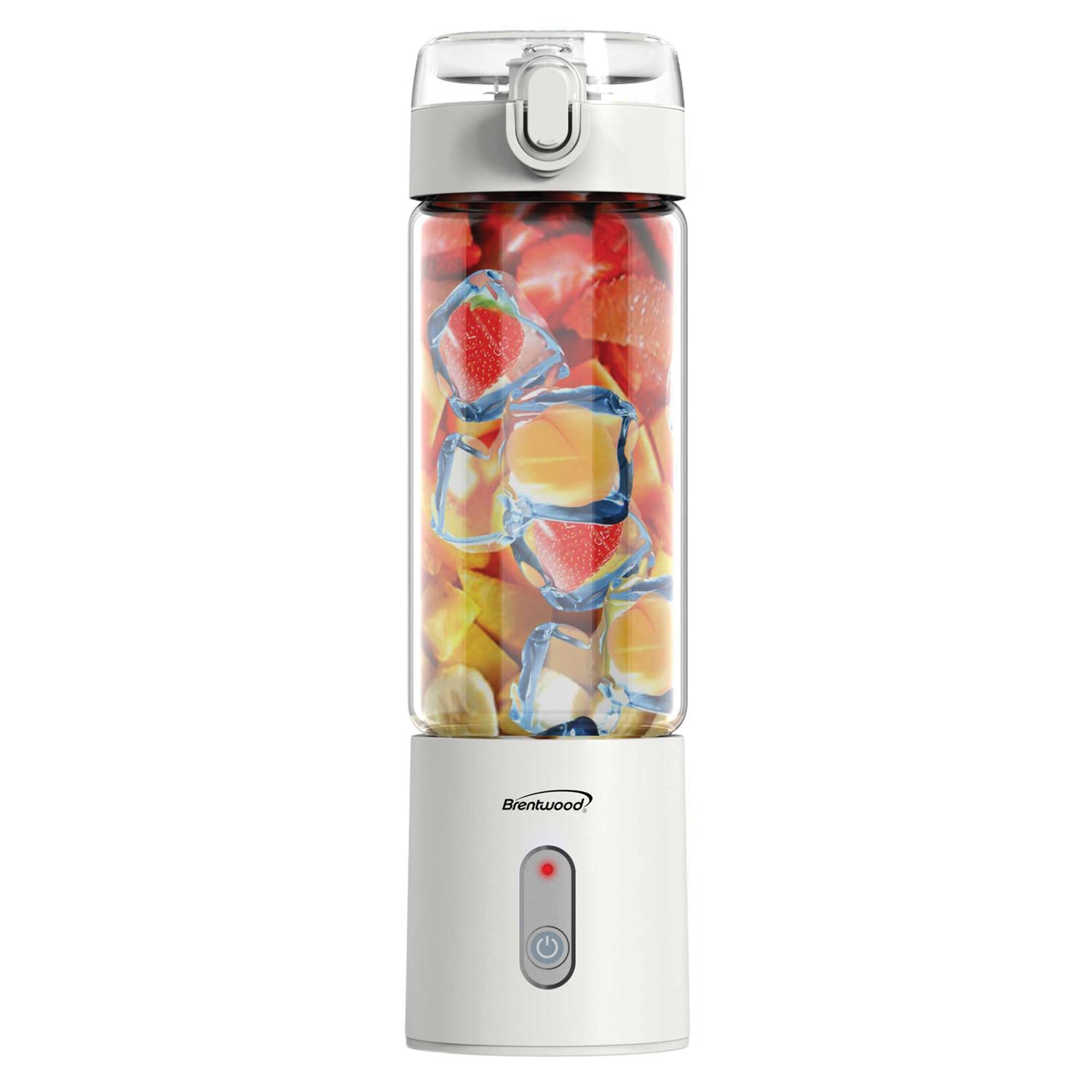 Brentwood RJB-100W 17 oz portable USB-rechargeable glass blender in white with sports lid
