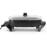 MegaChef MCF-1102 Electric Fry Pan, 14.96 x 12.13 in Rectangular, Black, 1500W, Tempered Glass Lid, Detachable Thermostat Probe