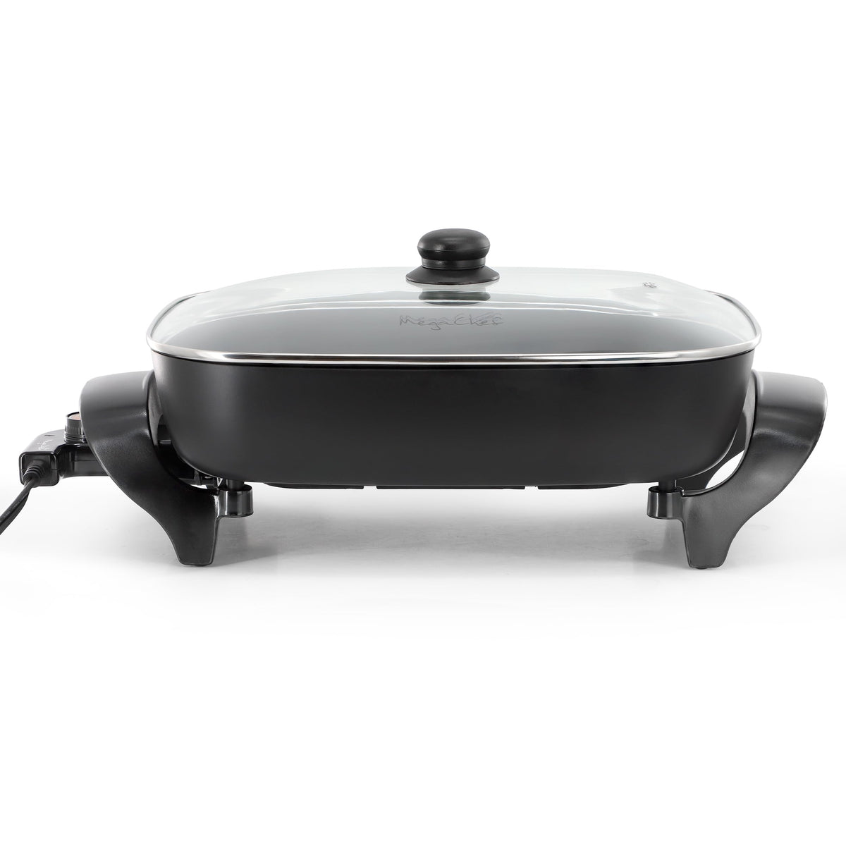 MegaChef MCF-1102 Electric Fry Pan, 14.96 x 12.13 in Rectangular, Black, 1500W, Tempered Glass Lid, Detachable Thermostat Probe
