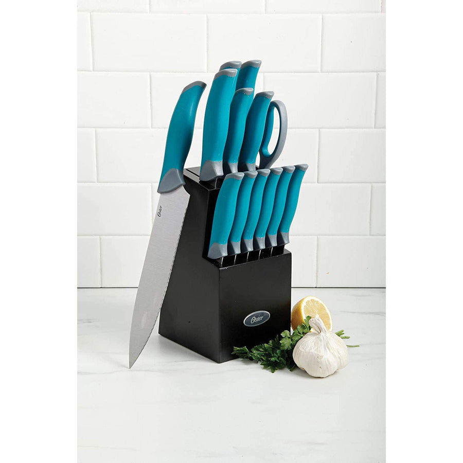 Oster Lindbergh 81007.14 14-Piece Stainless Steel Cutlery Set with Black Rubberwood Block and Built-In Sharpener, Teal Handles, 6 Steak Knives