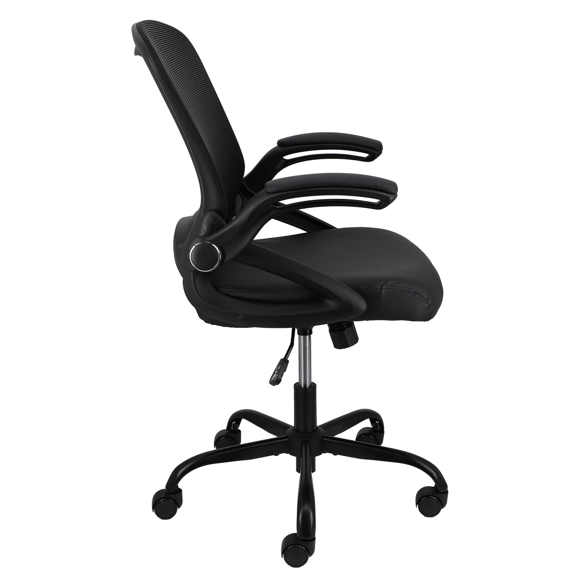 Elama black compact mesh office chair, side profile showing the flip-up arms, curved mesh back and padded seat