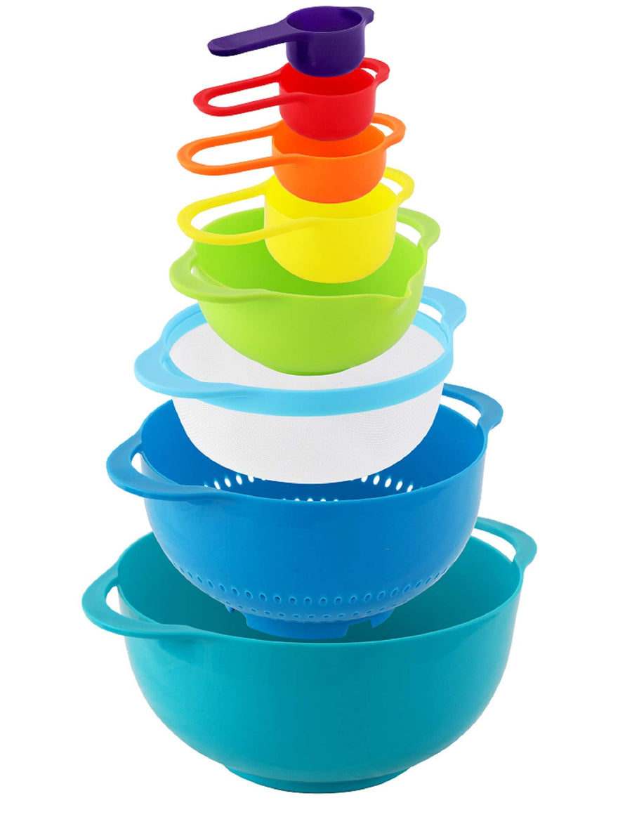 Rainbow nesting mixing bowls, colander, sifter and measuring cups stacked in a tower