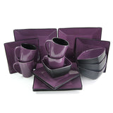 Elama Mulberry Loft 16-piece square stoneware dinnerware set, service for 4, purple color block plates, bowls and 14 oz mugs