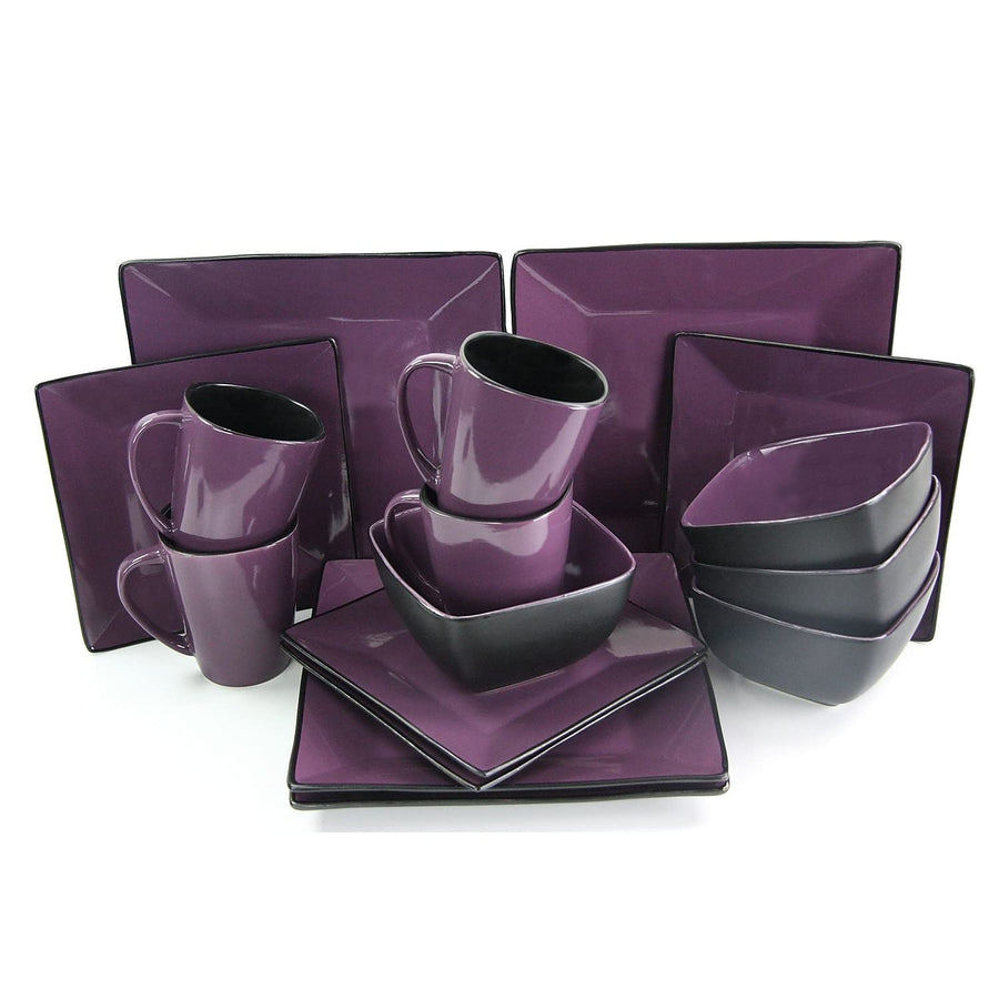 Elama Mulberry Loft 16-piece square stoneware dinnerware set, service for 4, purple color block plates, bowls and 14 oz mugs