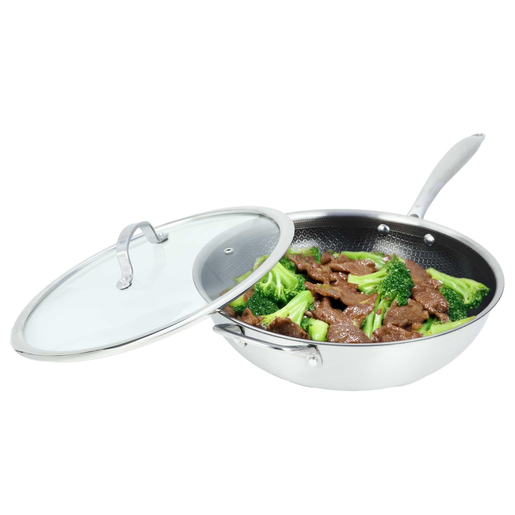 Brentwood B-WH30L 12-Inch 4.2-Quart 3-Ply Hybrid Non-Stick Stainless Steel Wok with Tempered Glass Lid - Induction Ready