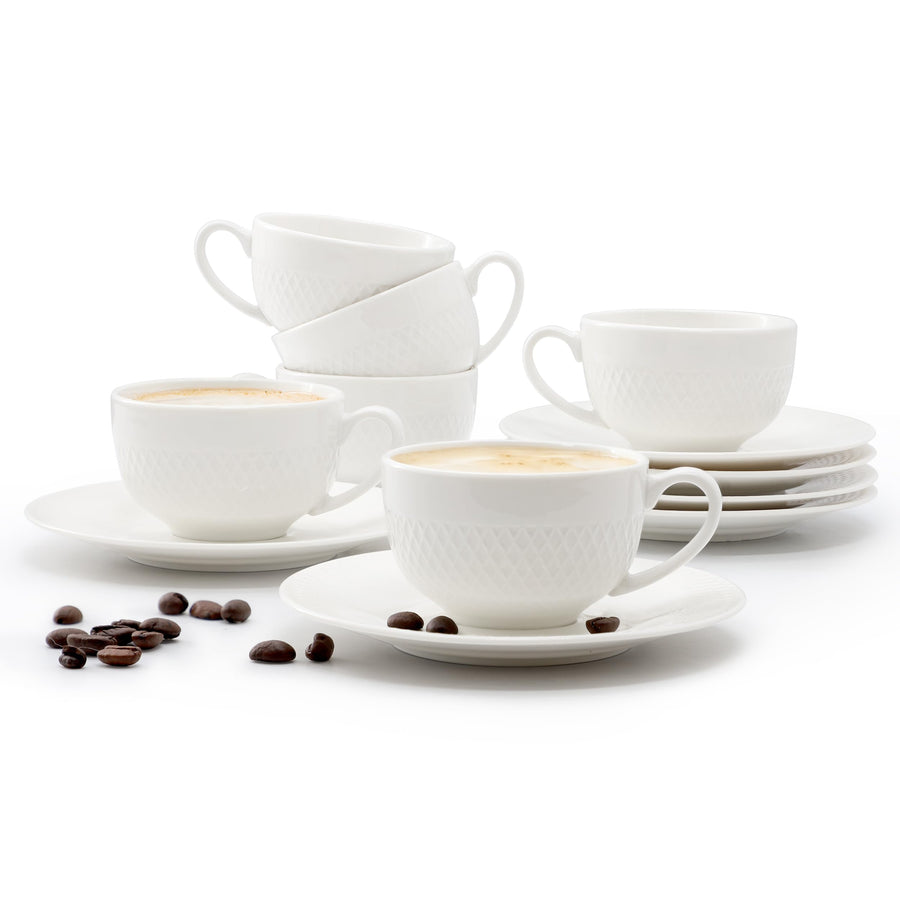 Elama Luna 12-piece embossed white porcelain espresso cup and saucer set, six 3-ounce cups with six saucers