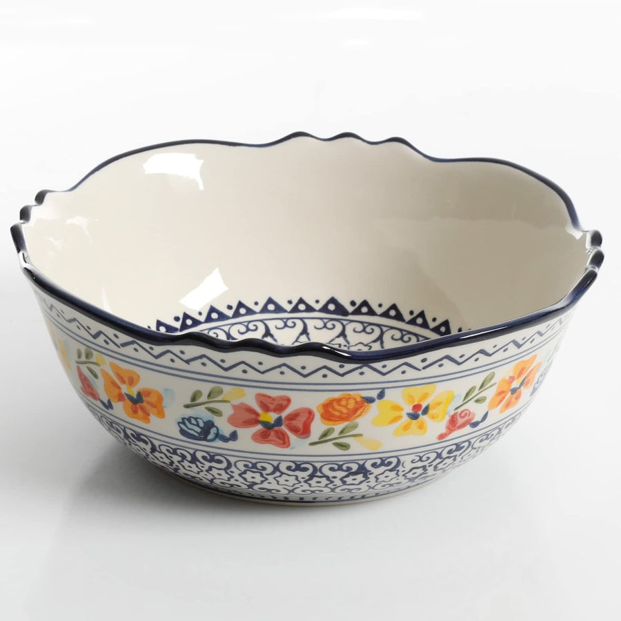 Gibson Home Luxembourg 2-Piece Hand-Painted Stoneware Serving Bowl Set, White with Blue Design (10" & 8")