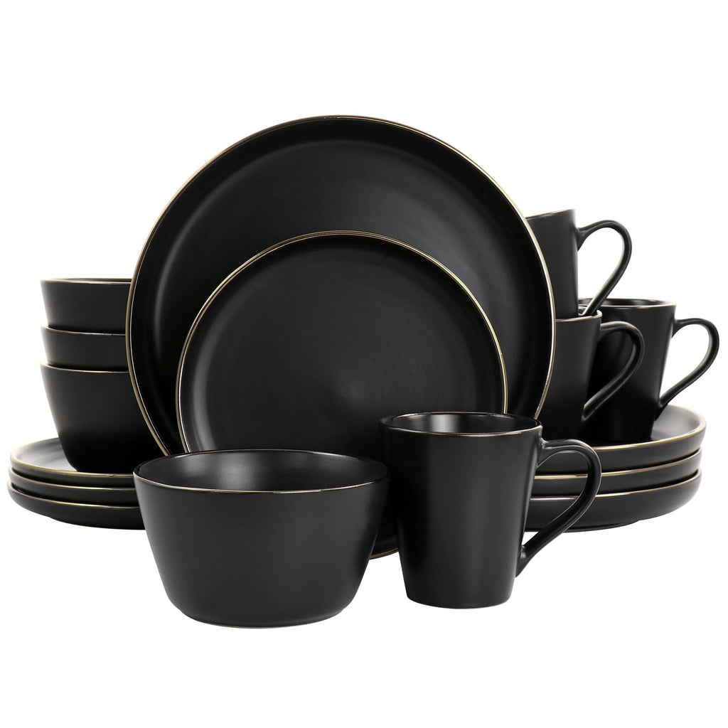 Elama Paul 16 Piece Stoneware Dinnerware Set in Matt Black with Gold Rim, Matte Black, 16 Piece Set (Arthur Paul Louis Set)