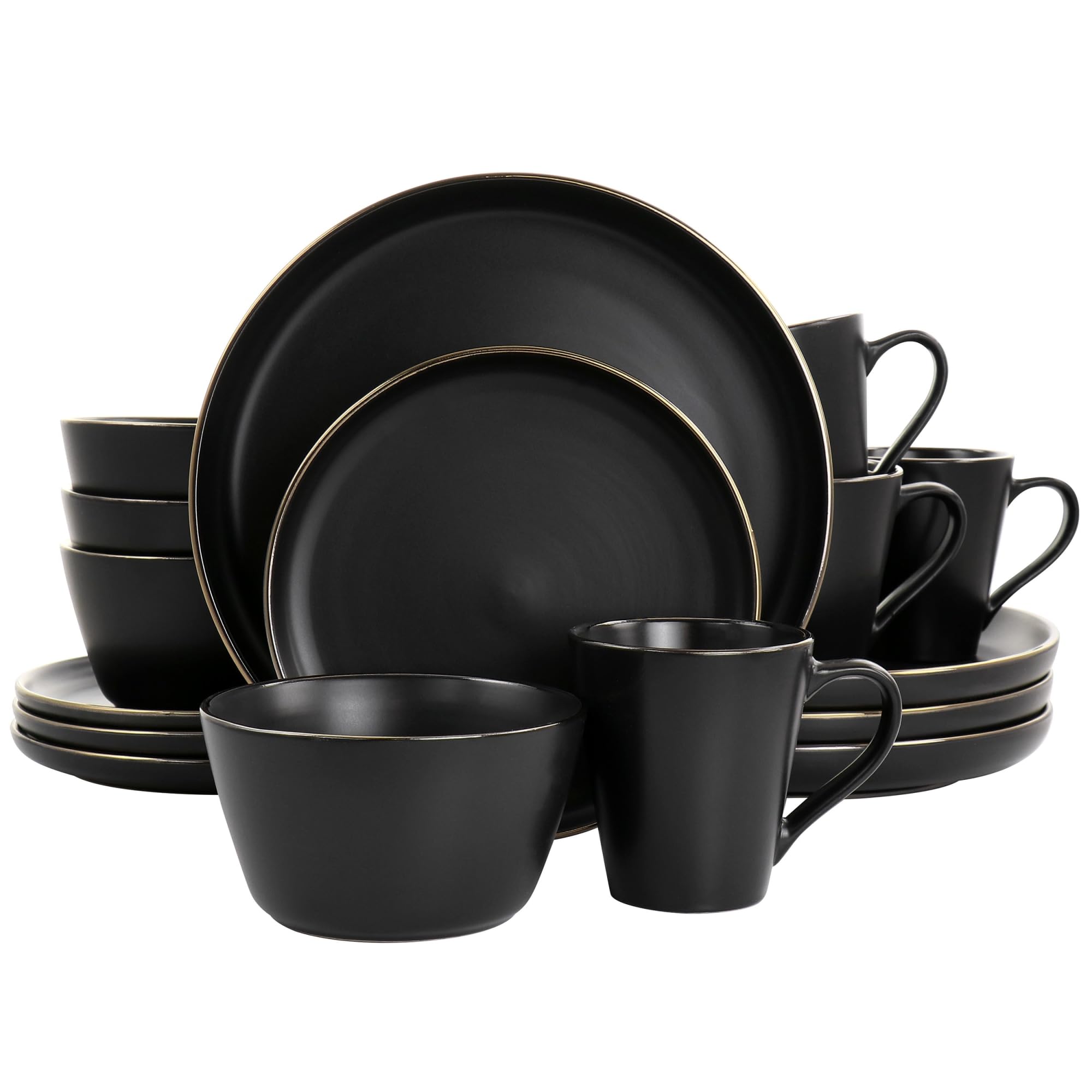 Elama Paul 16 Piece Stoneware Dinnerware Set in Matt Black with Gold Rim, Matte Black, 16 Piece Set (Arthur Paul Louis Set)