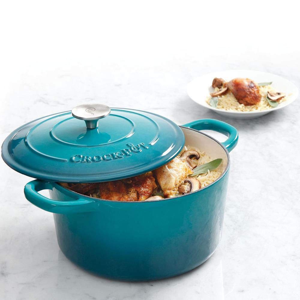 Crock-Pot Artisan 5-Quart Round Enameled Cast Iron Dutch Oven – Teal Ombre, Self-Basting Lid, Oven Safe to 500°F