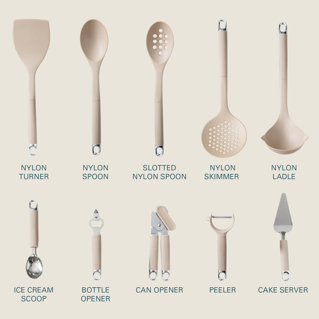 Gibson Home Burchette 20-Piece Nylon Kitchen Gadget & Tool Set, Taupe - Non-Stick Safe, with Measuring Cups & Spoons