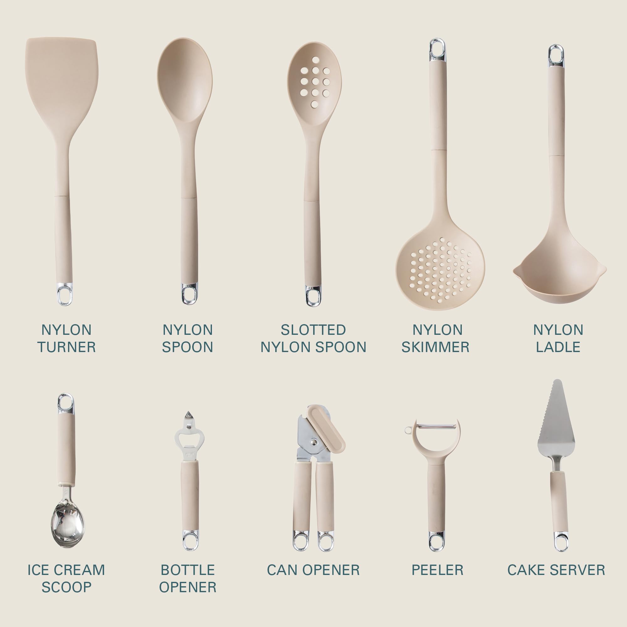 Gibson Home Burchette 20-Piece Nylon Kitchen Gadget & Tool Set, Taupe - Non-Stick Safe, with Measuring Cups & Spoons