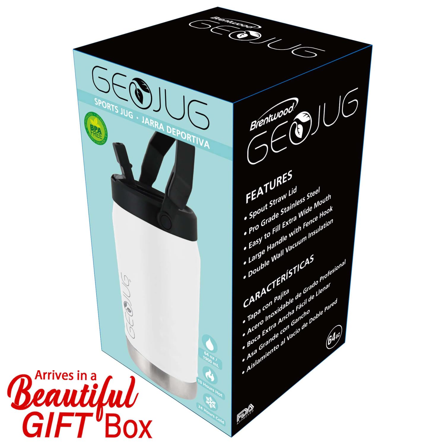 Brentwood GeoJug G-1900CRM 64 oz Stainless Steel Vacuum-Insulated Water Jug - Cream, Straw Lid with Fence Hook Handle
