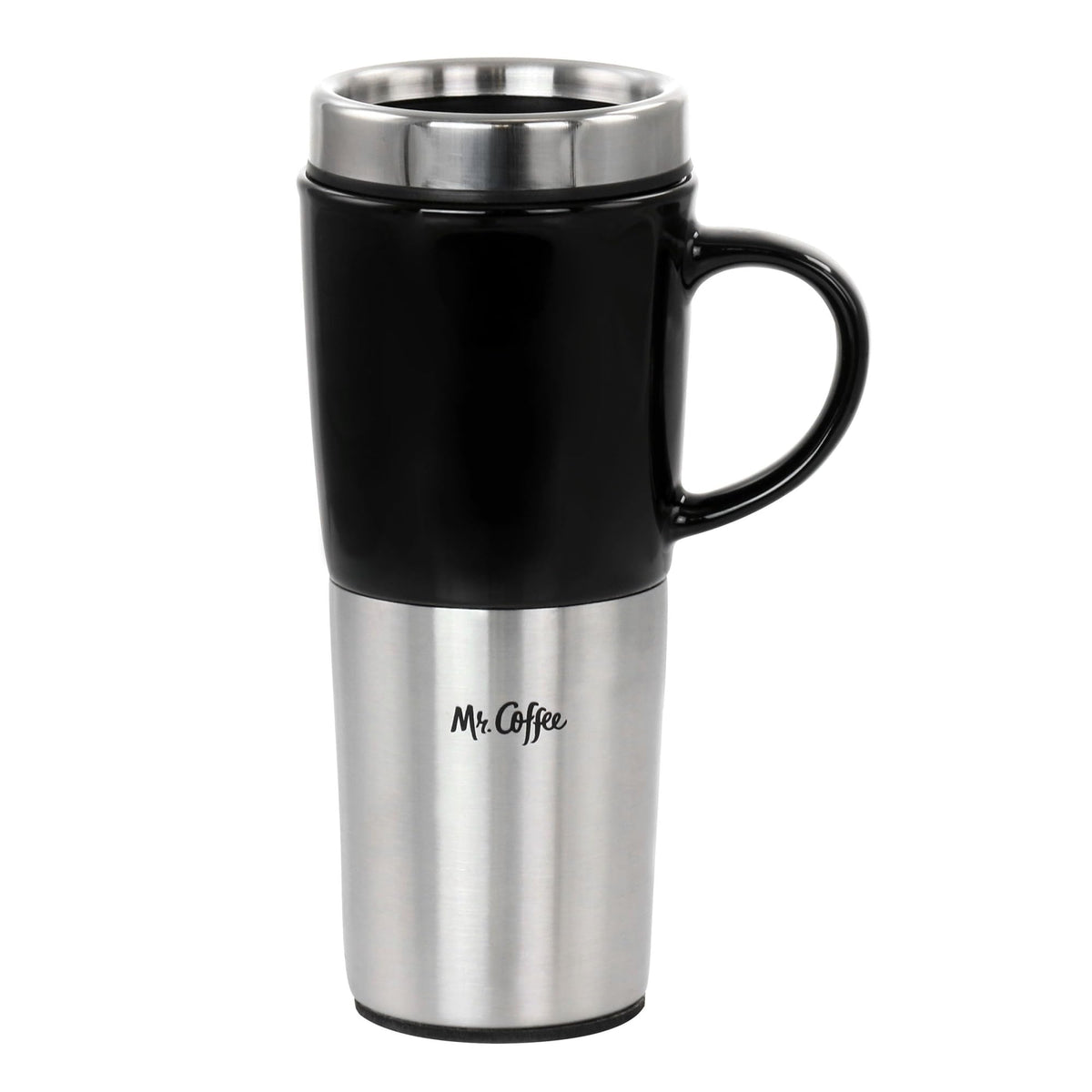 Mr. Coffee Stoneware Travel Mug with Stainless Steel Base and Slide Sip Lid, 16 Oz, Black, Travertine